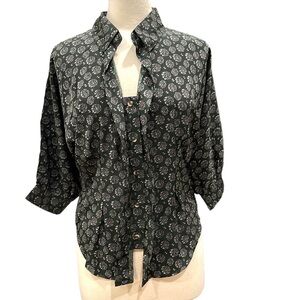 NWT Line & Dot Dark Green Print  Dolman Sleeve Button Front Ruffle Top